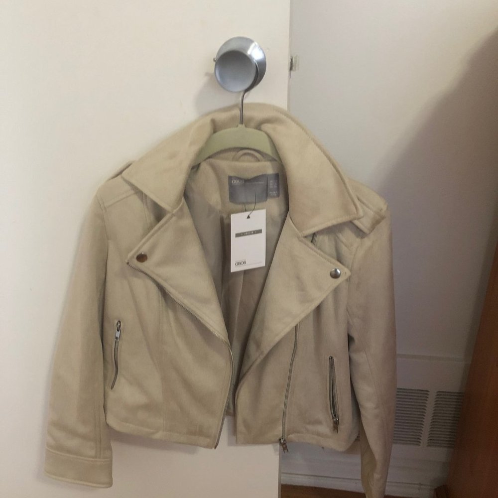 ASOS DESIGN Petite suedette biker jacket in stone